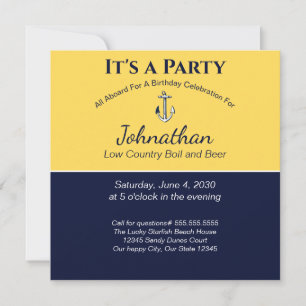 Tarjeta Nautical Navy Blue Yellow Anchor Birday Party
