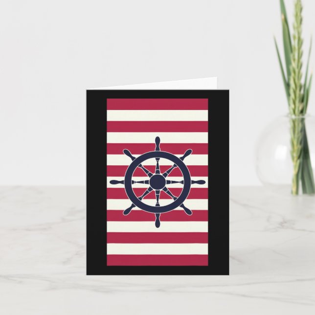 Tarjeta Nautical Navy Red Stripes Stripes Wheel (Anverso)
