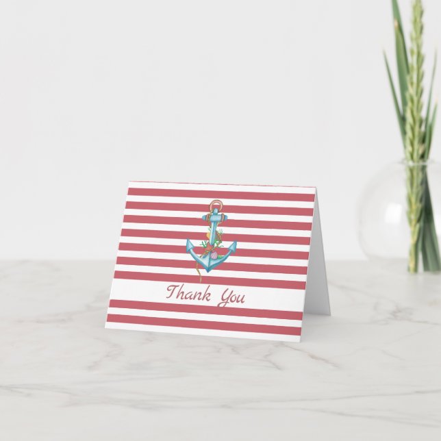 Tarjeta Nautical Red Stripe Anchor Gracias (Anverso)