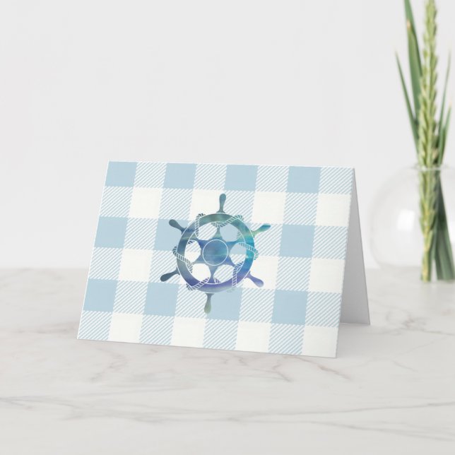 Tarjeta Nautical Sailboat Wheel Blue Gingham Pattern (Anverso)
