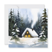 Navidad Acuarela Cabaña de Invierno Vintage