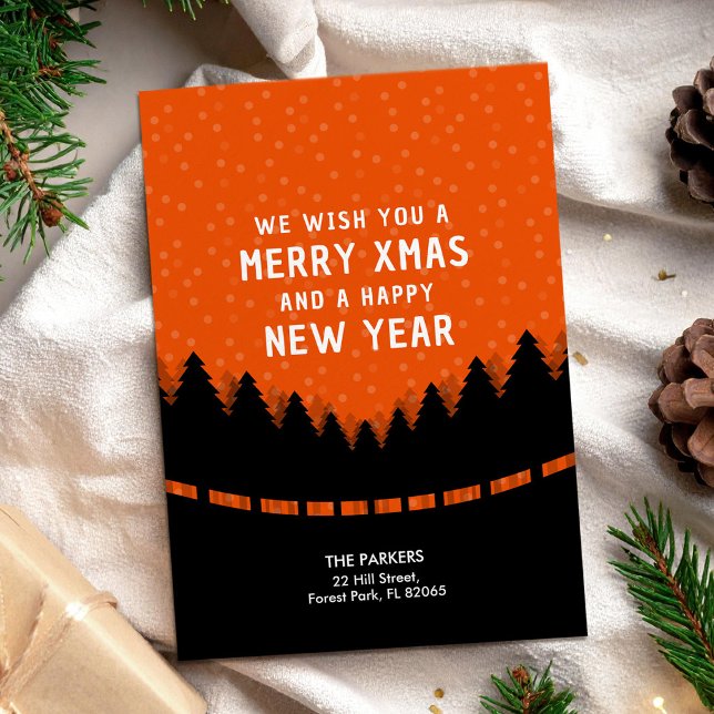 Tarjeta Navidad alegre moderna con bosque rojo y nieve (Subido por el creador)