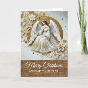 Tarjeta Navidad Ángel Blanco y Dorado Rústico Vintage