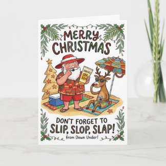 Tarjeta Navidad australiana divertida – Slip Slop Slap