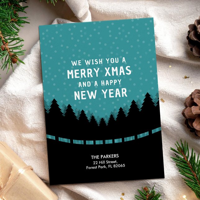Tarjeta Navidad Azul Alegre con estilo retro de bosque y n (Subido por el creador)
