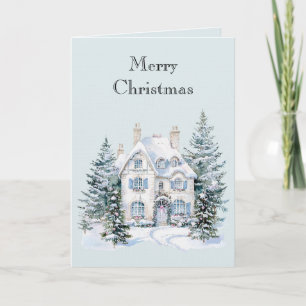 Tarjeta Navidad Azul Blanca Árboles Casa de Invierno