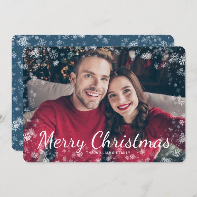 Tarjeta navidad azul de nieve para navidad (Anverso / Reverso)