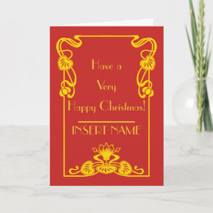 Tarjeta Navidad Caligrafía Art Déco Rojo Dorado