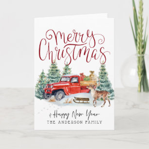 Tarjeta Navidad Camioneta Roja Vintage Fiesta