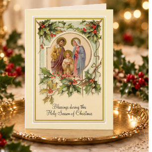 Tarjeta Navidad católica vintage Jesús Sagrada Familia