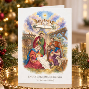 Tarjeta Navidad Católica Vintage Natividad y Ángeles