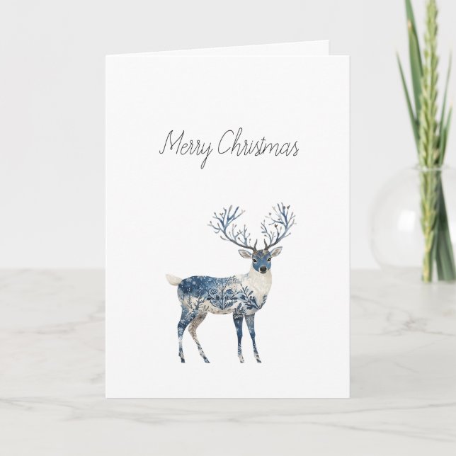 Tarjeta Navidad Ciervo Azul Blanco Nórdico (Anverso)