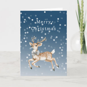 Tarjeta Navidad Ciervo Confeti Blanco Ombre Azul Invierno