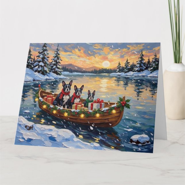 Tarjeta Navidad con barco de Boston Terrier (Anverso)