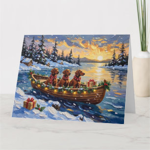 Tarjeta Navidad con barco de Setter Rojo Irlandés