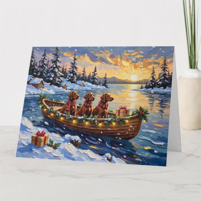 Tarjeta Navidad con barco de Setter Rojo Irlandés (Anverso)