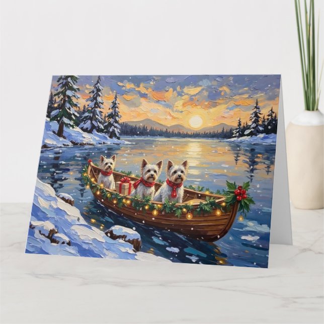 Tarjeta Navidad con Bichon Frise en Barco (Anverso)