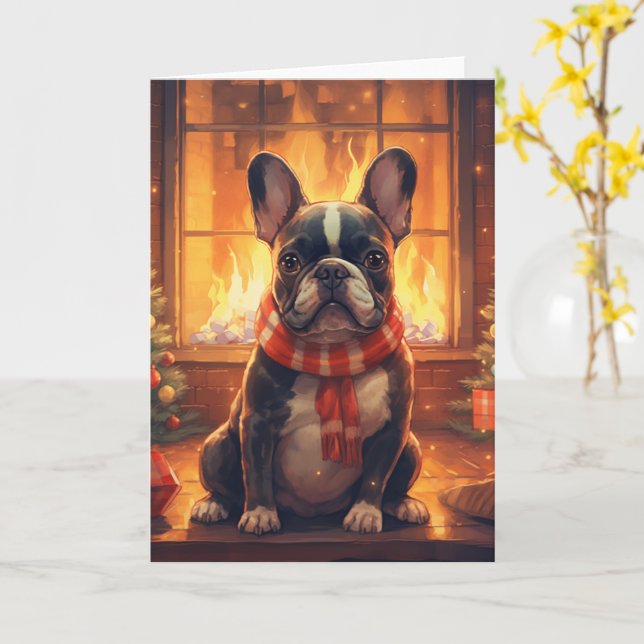 Tarjeta Navidad con Bulldog Francés – Suéter Acogedor (flor amarilla)