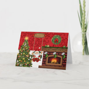 Tarjeta navidad con Santa, chimenea y Navidades