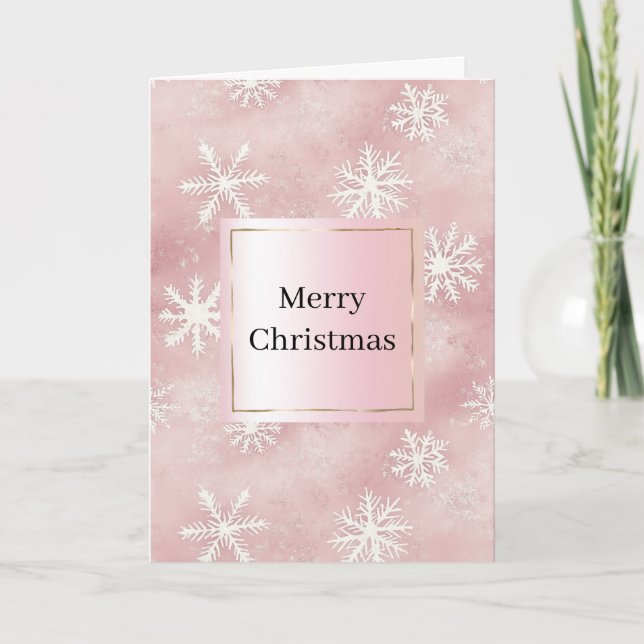 Tarjeta Navidad Copos de Nieve Blancos Rosa Tímido (Anverso)
