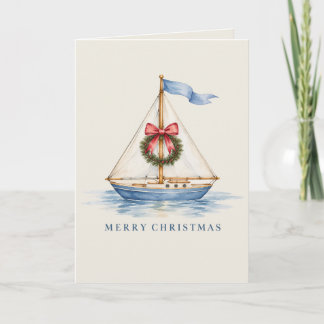 Tarjeta Navidad Costera Barco de Vela Acuarela Fiesta