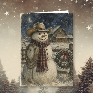 Tarjeta Navidad Country y Western Muñeco de nieve vaquer