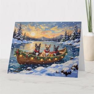 Tarjeta Navidad de barco de Bulldog Francés festivo