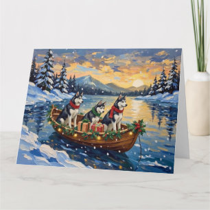 Tarjeta Navidad de barco de Husky Siberiano