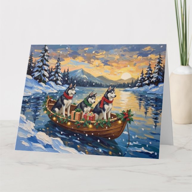 Tarjeta Navidad de barco de Husky Siberiano (Anverso)