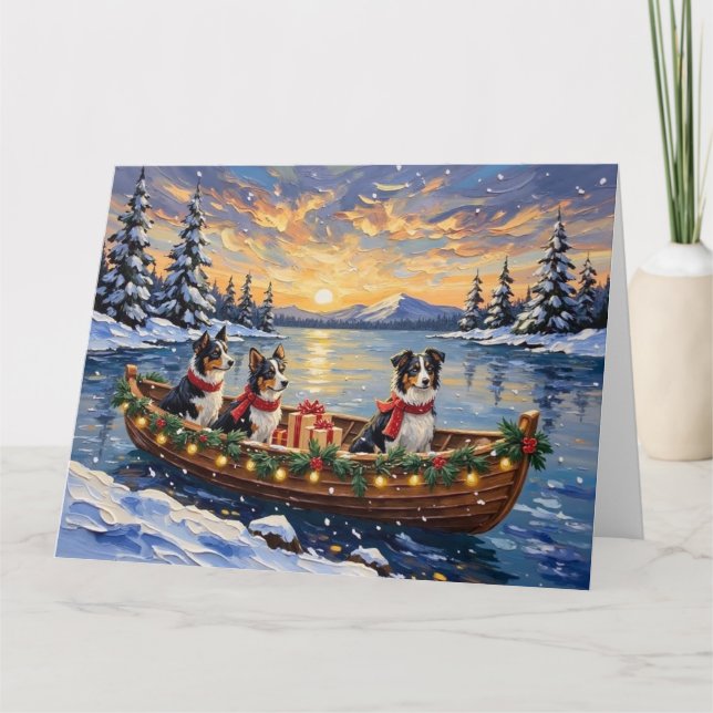 Tarjeta Navidad de Border Collie en Barco (Anverso)