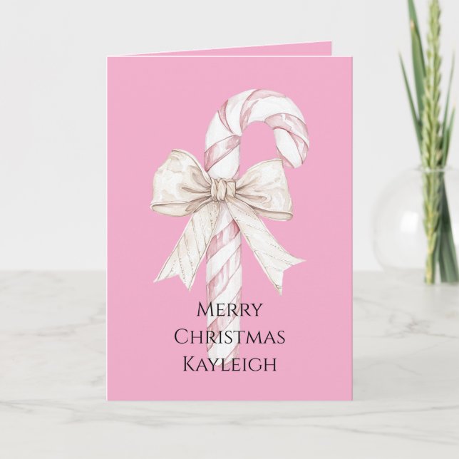 Tarjeta Navidad de Caña de Caramelo Rosa Rubor (Anverso)