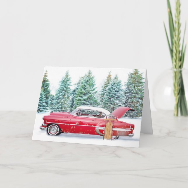 Tarjeta Navidad de Coche Rojo Antiguo (Anverso)