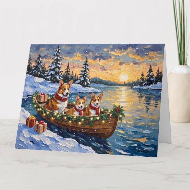 Tarjeta Navidad de Corgi en Barco Fiesta (Anverso)