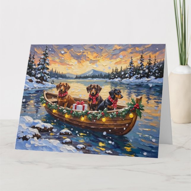 Tarjeta Navidad de Dachshund en Barco (Anverso)