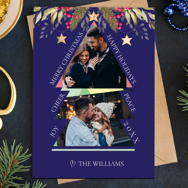 Tarjeta navidad de festividad de árbol de fotos mú (Merry Christmas Multiple Photo Tree Holiday Card)