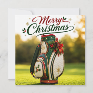 Tarjeta Navidad de golf con bolsa de Navidad en hierba ver