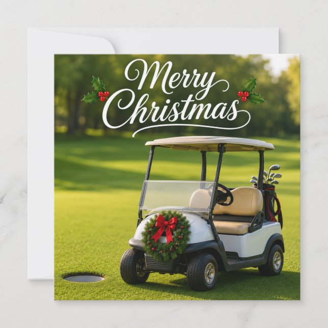 Tarjeta Navidad de golf con carrito de golf en césped verd (Anverso)