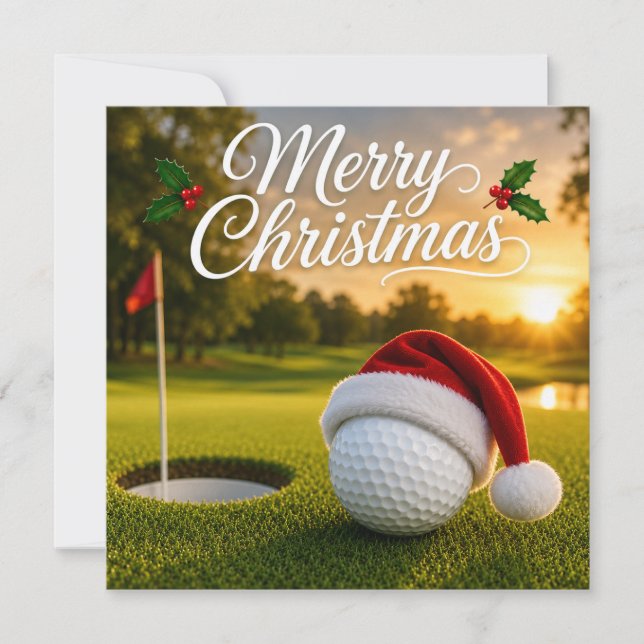 Tarjeta Navidad de golf con pelota de golf en césped verde (Anverso)