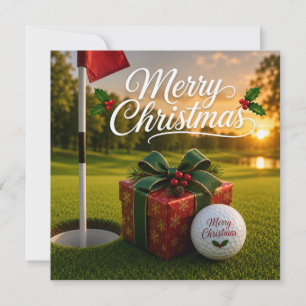 Tarjeta Navidad de golf con pelota de golf en césped verde