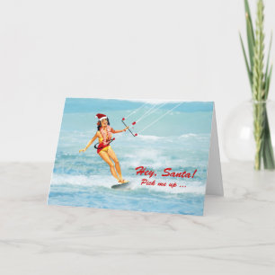 Tarjeta Navidad de Kitesurfing, practicando surf un