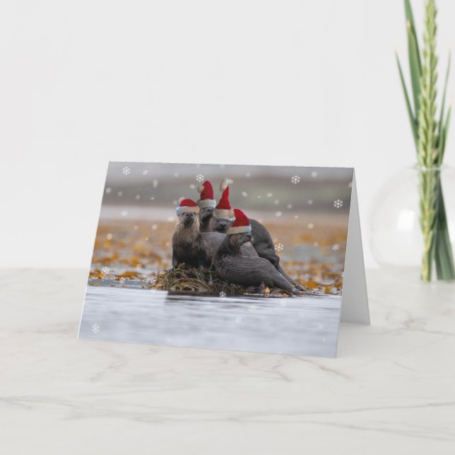 Tarjeta Navidad de la familia de nutrias (Anverso)