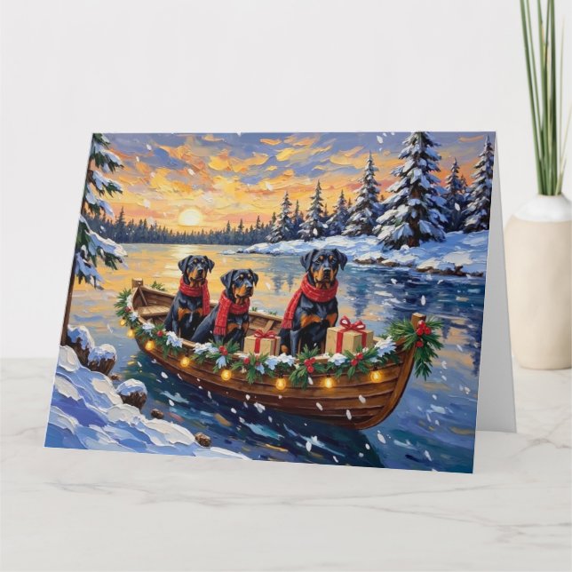 Tarjeta Navidad de Rottweiler en Barco Fiesta (Anverso)