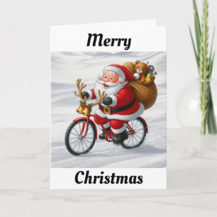 Tarjeta Navidad de Santa montando una bicicleta