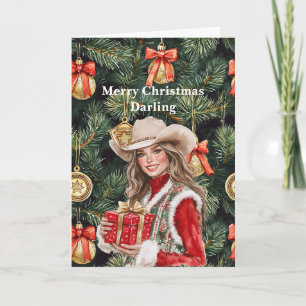 Tarjeta Navidad de vaquera occidental de oro rojo