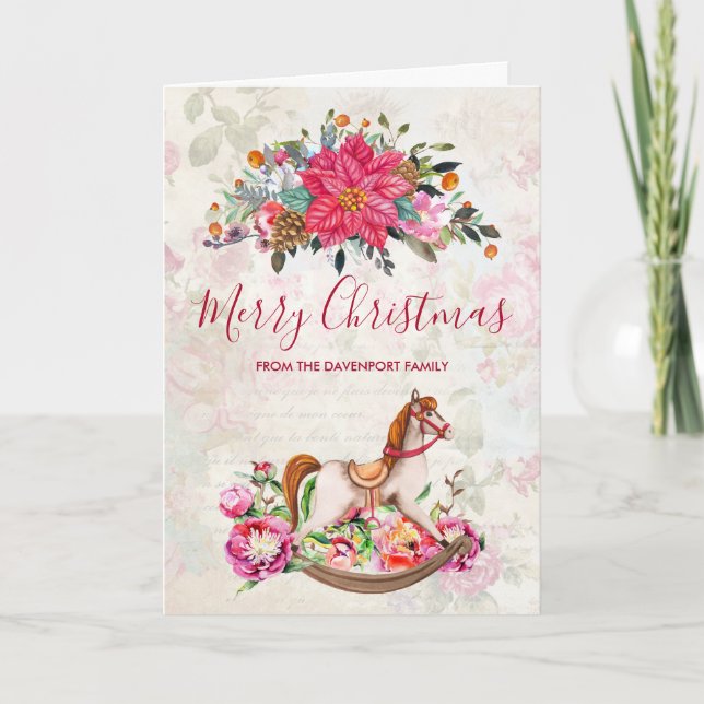 Tarjeta Navidad del caballo mecedora y del Poinsettia del (Anverso)