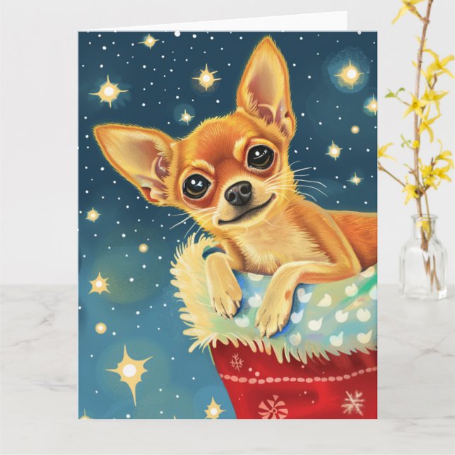 Tarjeta Navidad Divertida Chihuahua (flor amarilla)