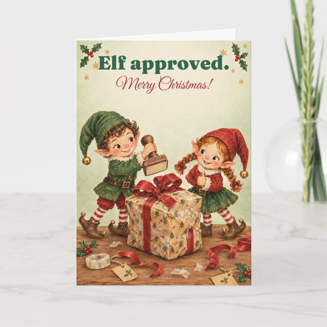 Tarjeta Navidad Divertida de Duendes Aprobada (Anverso)