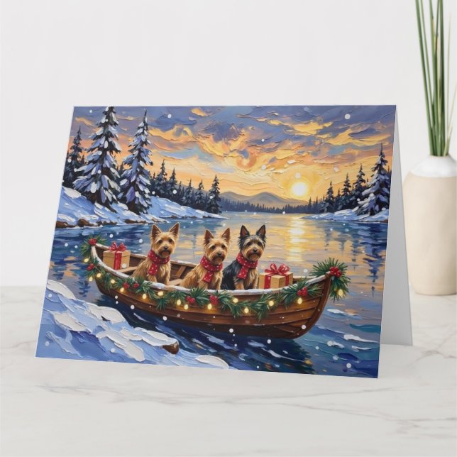 Tarjeta Navidad en Barco con Australian Terrier (Anverso)