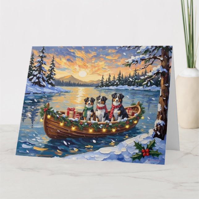 Tarjeta Navidad en Barco con Pastor Australiano de vacacio (Anverso)