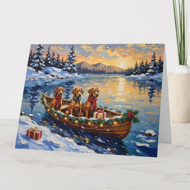 Tarjeta Navidad en Barco con Rhodesian Ridgeback (Anverso)